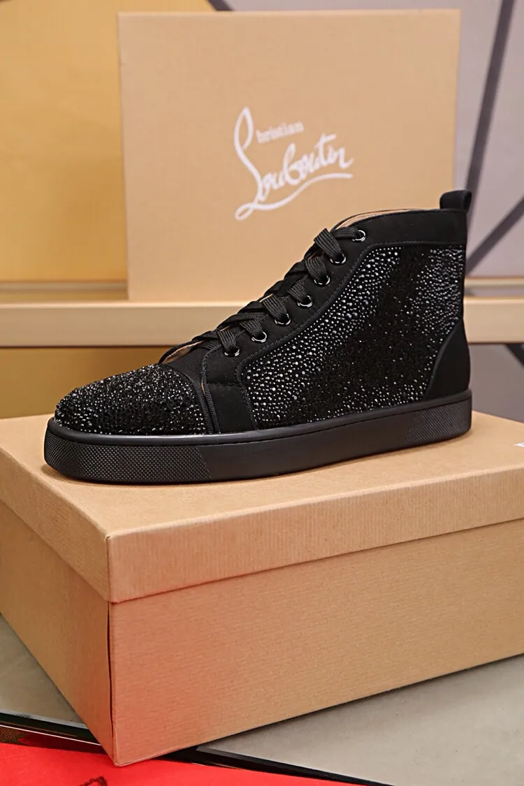 Ex-factory price 480. christian louboutin (CL red sole shoes) counter hot diamond series, high-top casual sneakers for couples 📢 📢 📢 Exclusive hot style release 🎈🎈💪 Movable latex feet 👻 Finished outsole sewing line [satisfied] 😝Female 35-40# Male 38#-46, global supply😝 [Top version]: original imported cowhide upper, top original leather lining, original molded TPU outsole, original 1:1 detail processing, original shoe last, large quantity available from stock,